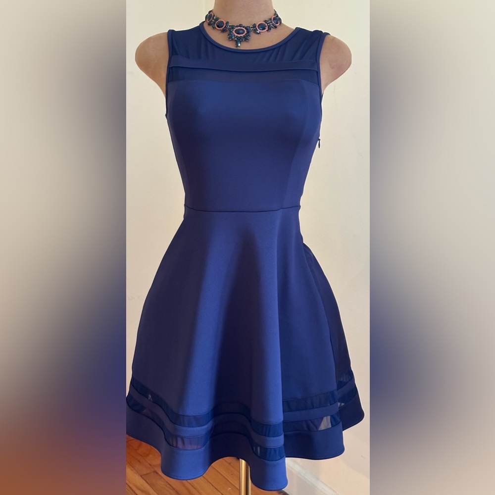 Lulu’s Navy Blue Midi Spandex Fit & Flare Sheer Stripes  Dress Sz XS
